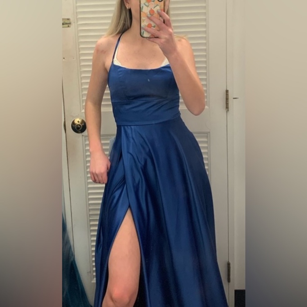 Elegant Blue Satin Gown with Slit
